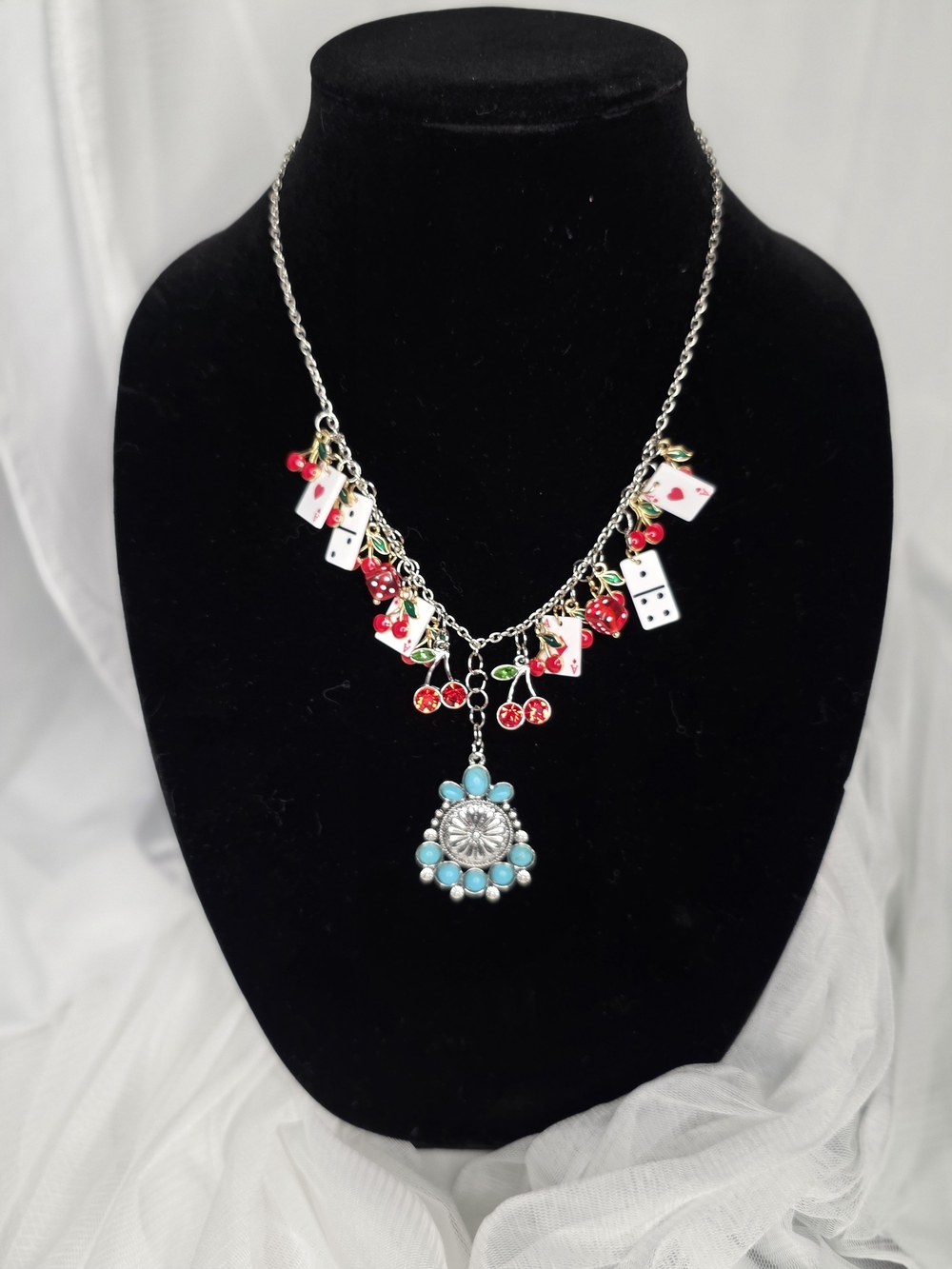Cherry Playing Card Turquoise Western Charm Necklace